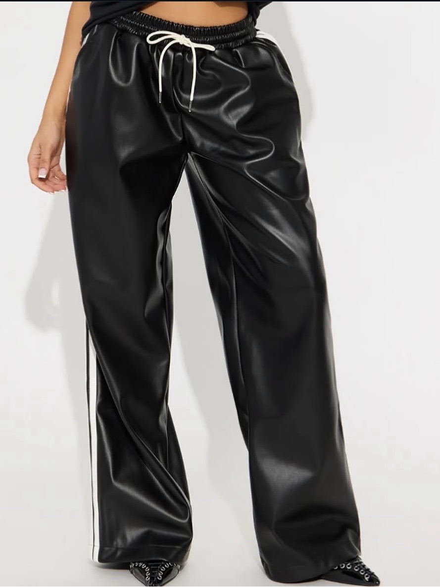 Faux Leather Wide-Leg Track Pants - Black